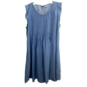 Old Navy Women Denim Blue Dress Jean Pintuck Ruffle Sleeves Knee Length Size XL